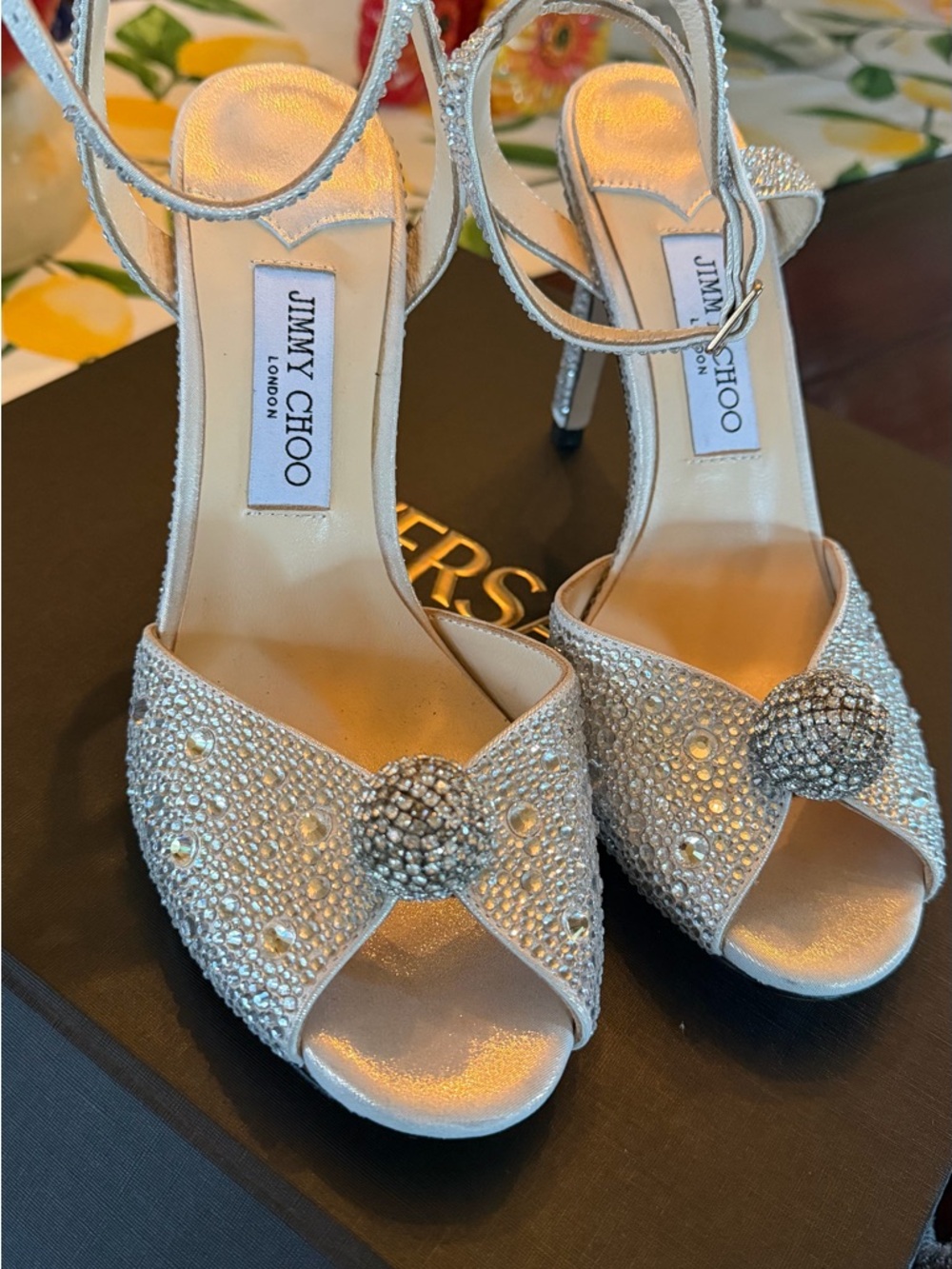 Jimmy Choo Silver Crystal Embellished Peep-Toe Heels